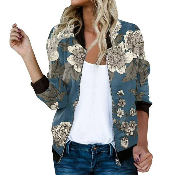 Gibobby gabardinas para mujer Chaquetas diarias informales, chaqueta informal ligera con cremallera, abrigo con estampado de flores, abrigo corto deportivo con cuello levantado, Tops con (Turquí, L)