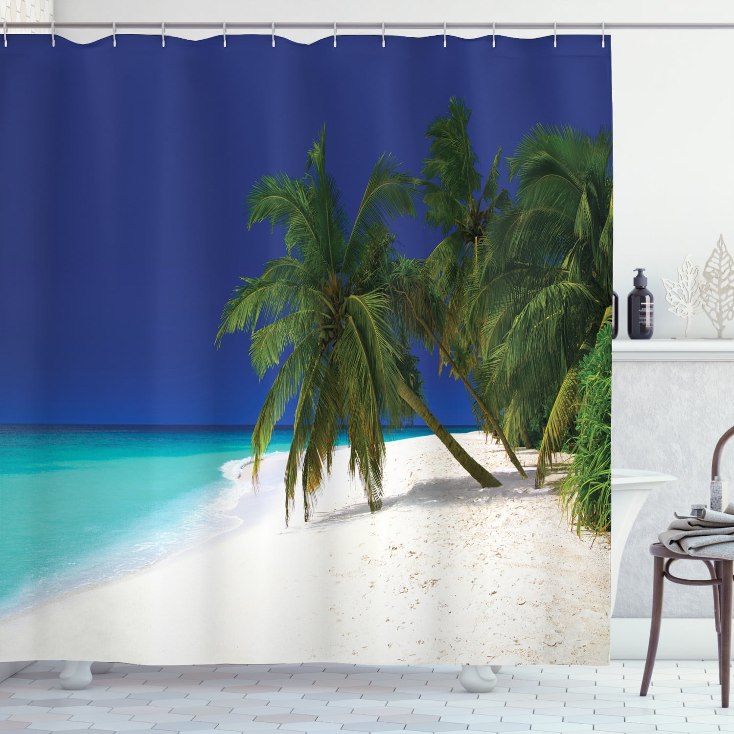 Ocean Decor Shower Curtain Set, Tropic Untouched Getaway Nature Coast Colorful Picture, Bathroom