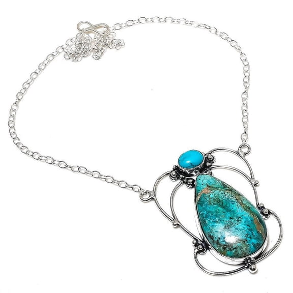 Natural Chrysocolla, Turquoise Gemstone 925 Sterling Silver Necklace 18"