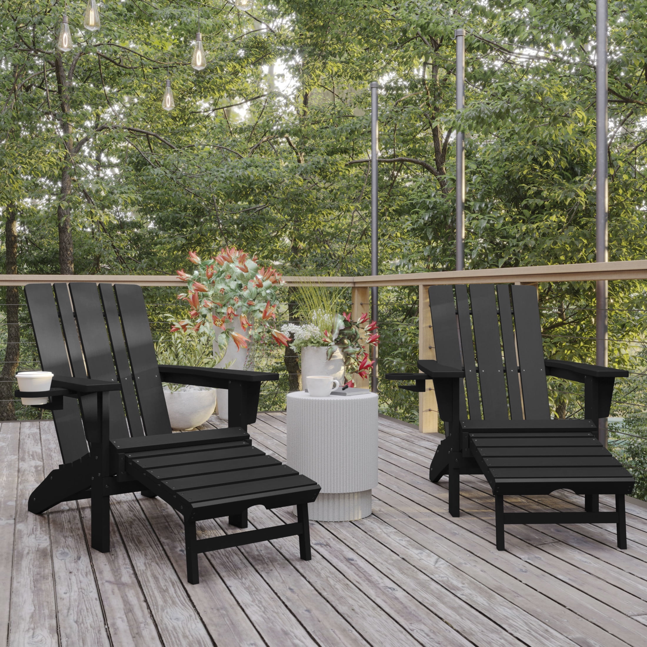 Flash Furniture Halifax HDPE Adirondack Chair with Cup Holder and Pull Out Ottoman, All-Weather HDPE Indoor/Outdoor Lounge Chair in Black, Set of 2