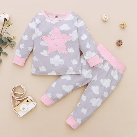 

Toddler Baby Girl Star Moon Cloud Embroider Tops+Pants Pajamas Sleepwear Outfits Fragarn