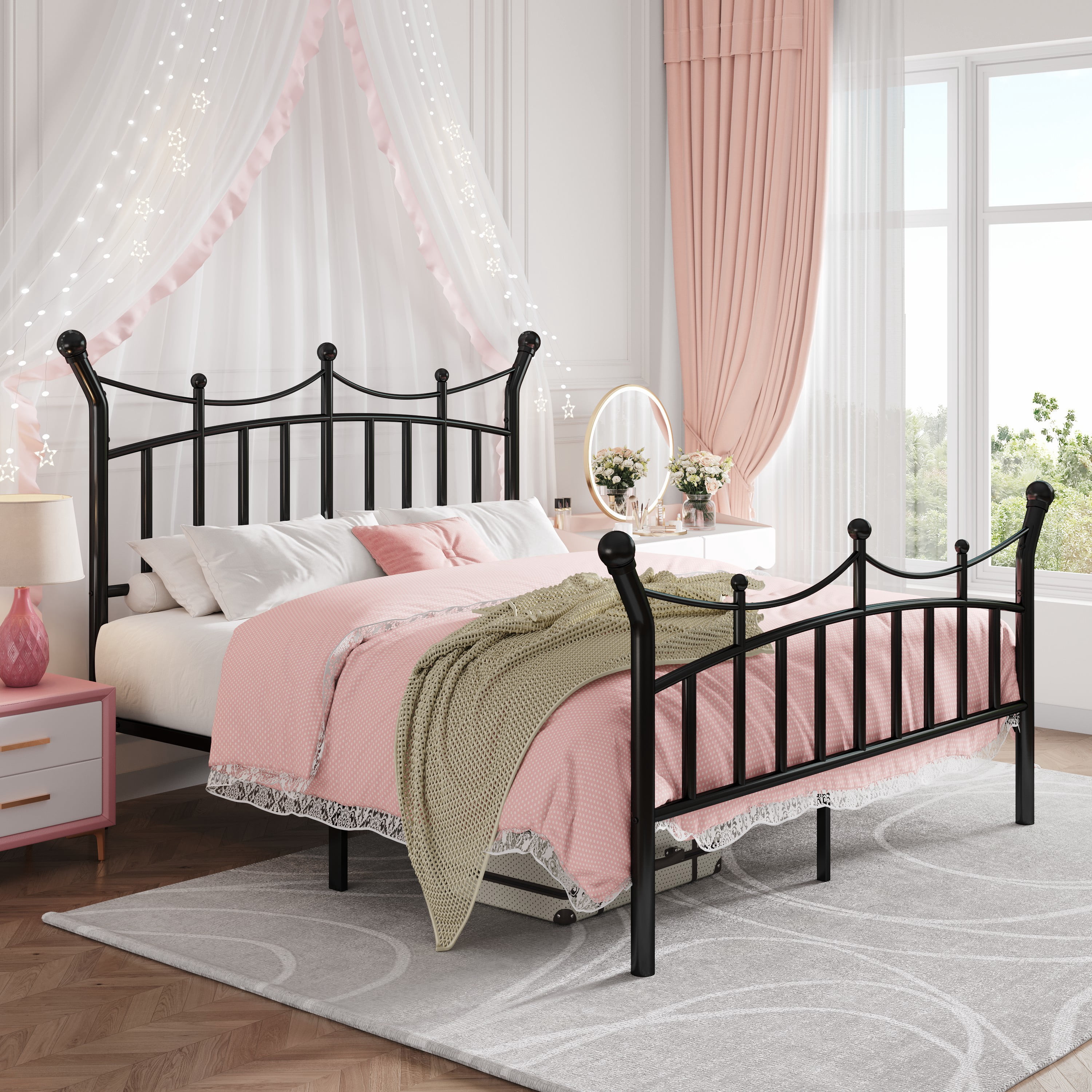 Amolife Full Bed Frame, Metal Platform Bed with Crown-Shaped Headboard and Footboard, 12.6'' Under-Bed Storage Space, No Box Spring Needed, Black