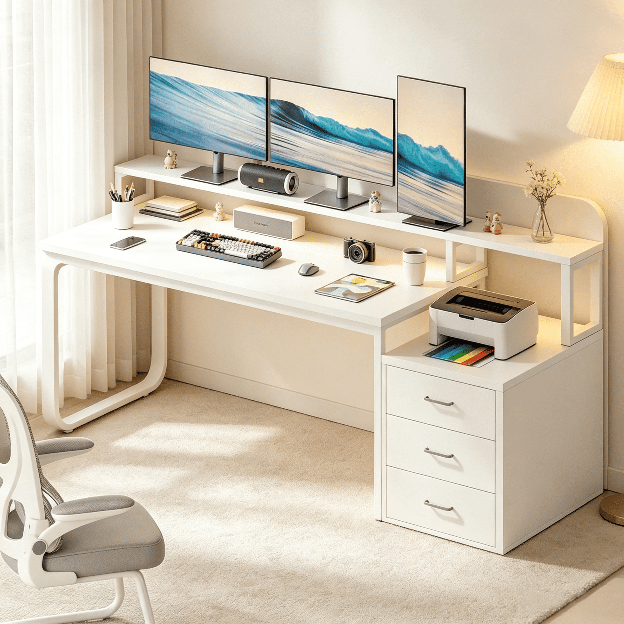 DreamCurship 67" Computer Desk with LED Light, White Desk with Drawers, Gaming Desk with Monitor Stand, Writing Desk with Printer Space for Office, White