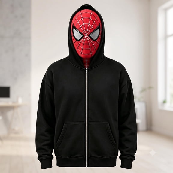 Unisex Spider Hero Mask Hoodie, Black Hooded Sweatshirt with Spider Web Graphic Face Cover for Halloween Cosplay Themed Party