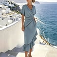thumbnail image 5 of Oksale Elegant Dresses for Women Wedding Guest Asymmetrical Ruffle Hem V Neck Wrap Dress Cozy Batwing Sleeve Midi Vacation Summer Dresses for Holiday Blue XL, 5 of 8