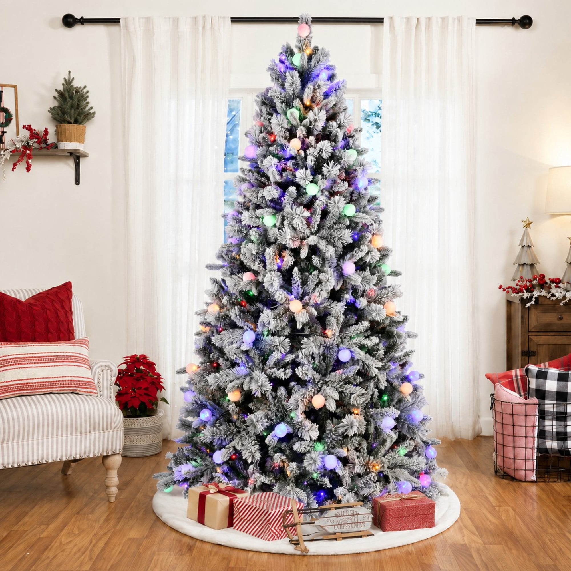 DEALTOPS 7.5 FT Pre-Lit Flocked Artificial Christmas Tree with 400 G45 LED Lights, 10 Modes & 1523 Tips