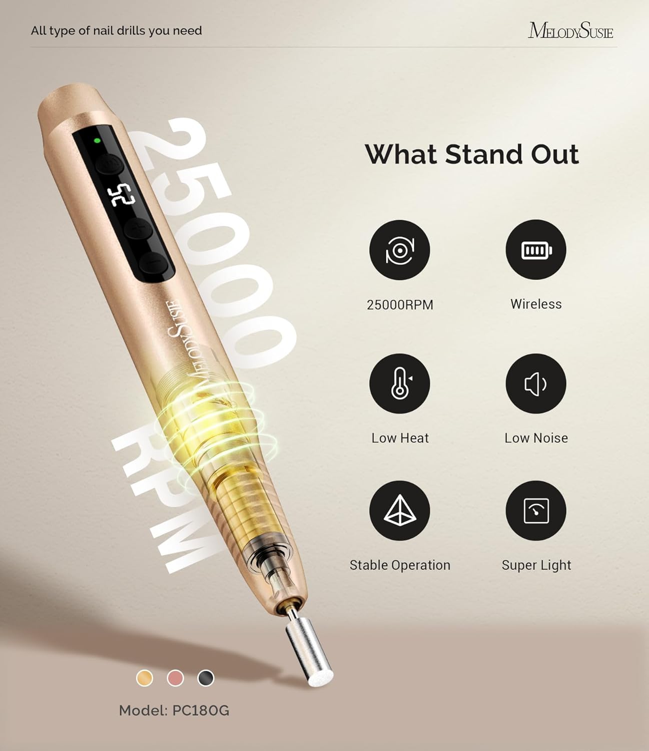 MelodySusie Cordless Portable Nail Drill PC180G, Gold photo 2