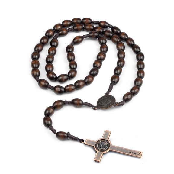 Wooden Bead Cross Rosary Necklace 8x10mm Handwoven Pendant Religious Prayer Beads Spiritual Gift Unisex Accessory