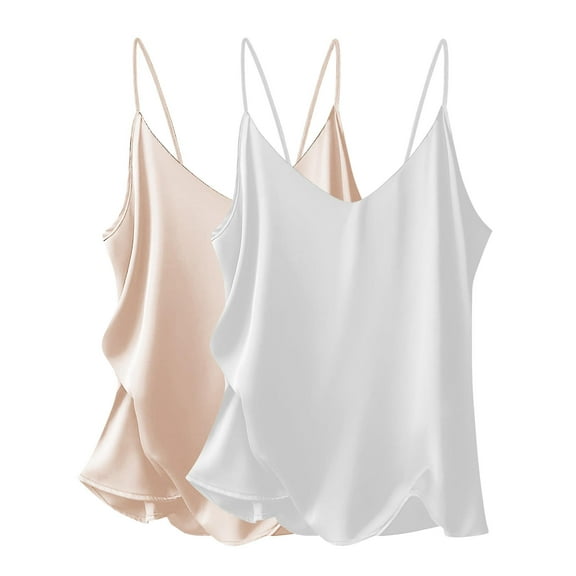 Ekouaer Women's 2 Pcs Satin Camisole Silky Pajama Tank Tops V Neck Soft Spaghetti Strap Loose Basic Sleepwear