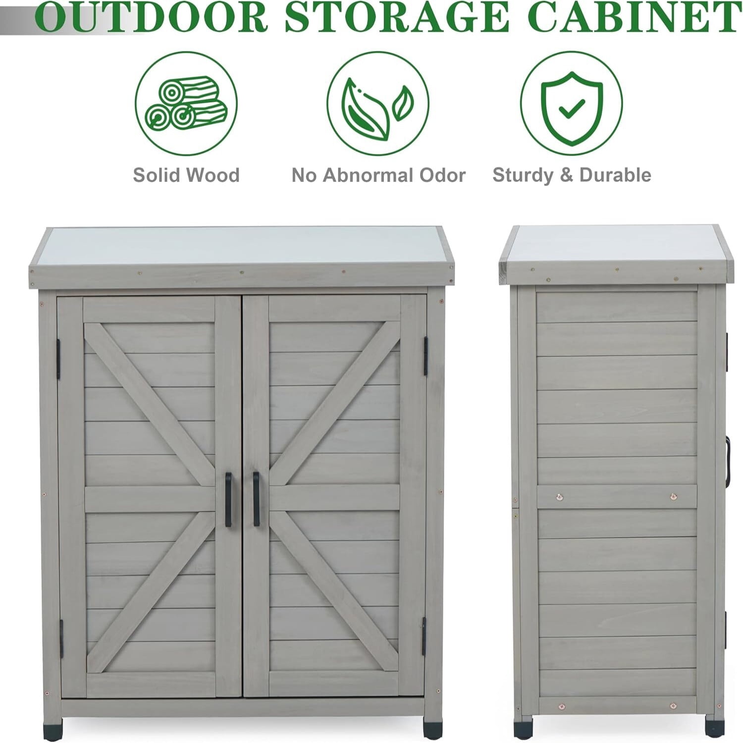 Easy4Home Wooden Outdoor Storage Cabinet with Metal Top Potting Bench Table Garden Workstation, Classic Gray