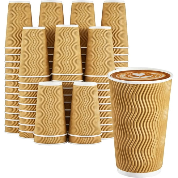 90 Pack 16 oz Disposable Coffee Cups No Lids Champagne Insulated Ripple Wall Paper 16oz Kraft Corrugated Beverage for Hot Chocolate Home Travel Office Tea