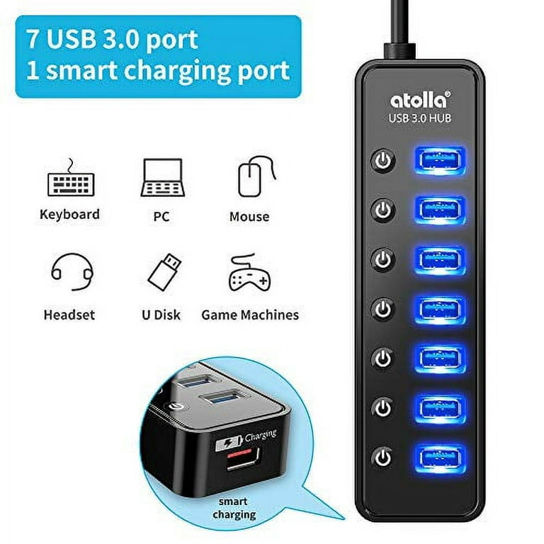 Powered USB Hub 3.0, Atolla 7-Port USB Data Hub Splitter with One Smart  Charging Port and Individual On/Off Switches and 5V/4A Power Adapter USB