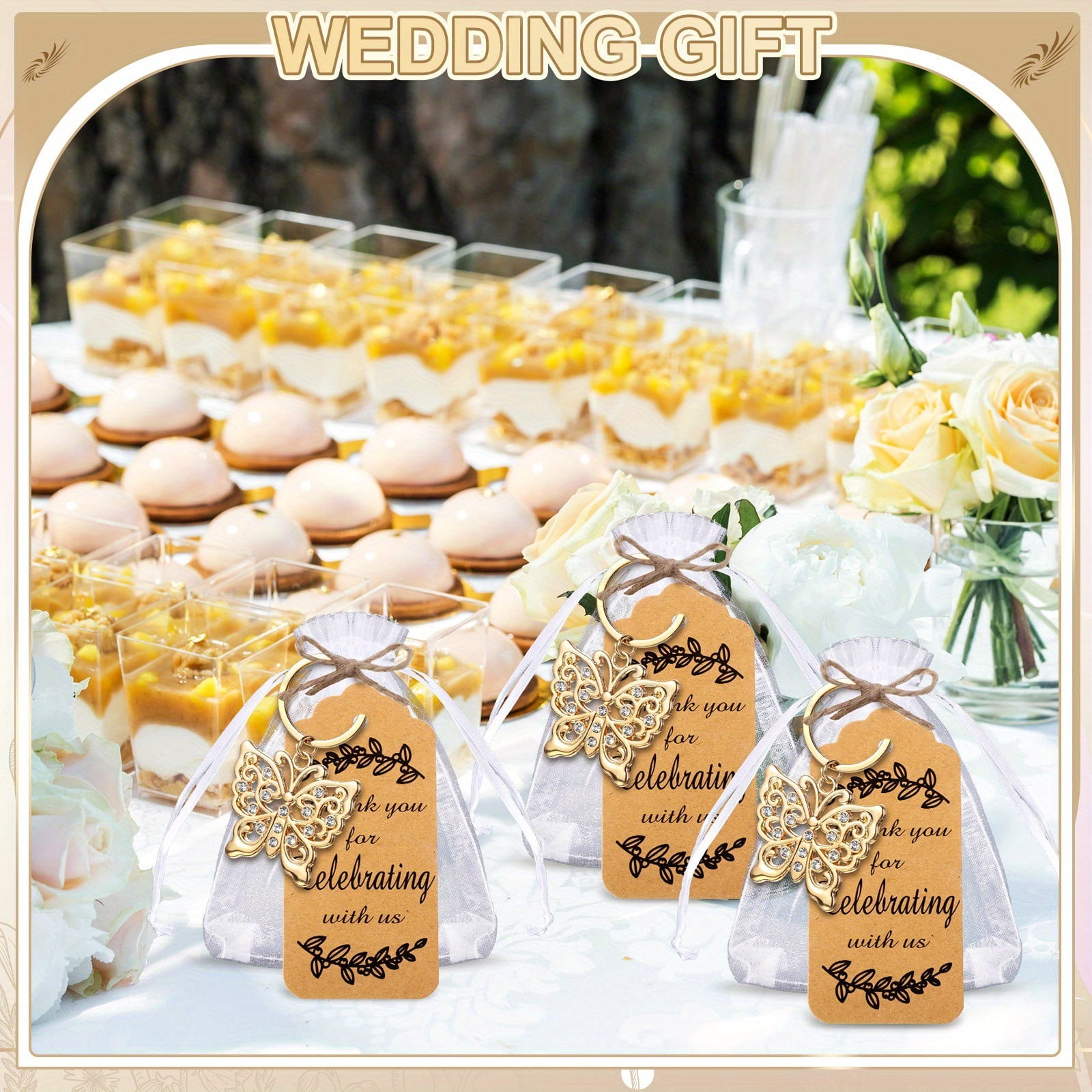40 Set Butterfly Keychain Party Favor Bulk Butterfly Keyring Charm Accessories Souvenir Present Kraft Tag Organza Bag for Guest Baptism Bridal Baby Shower Wedding Mother Gift Supply (Gold)