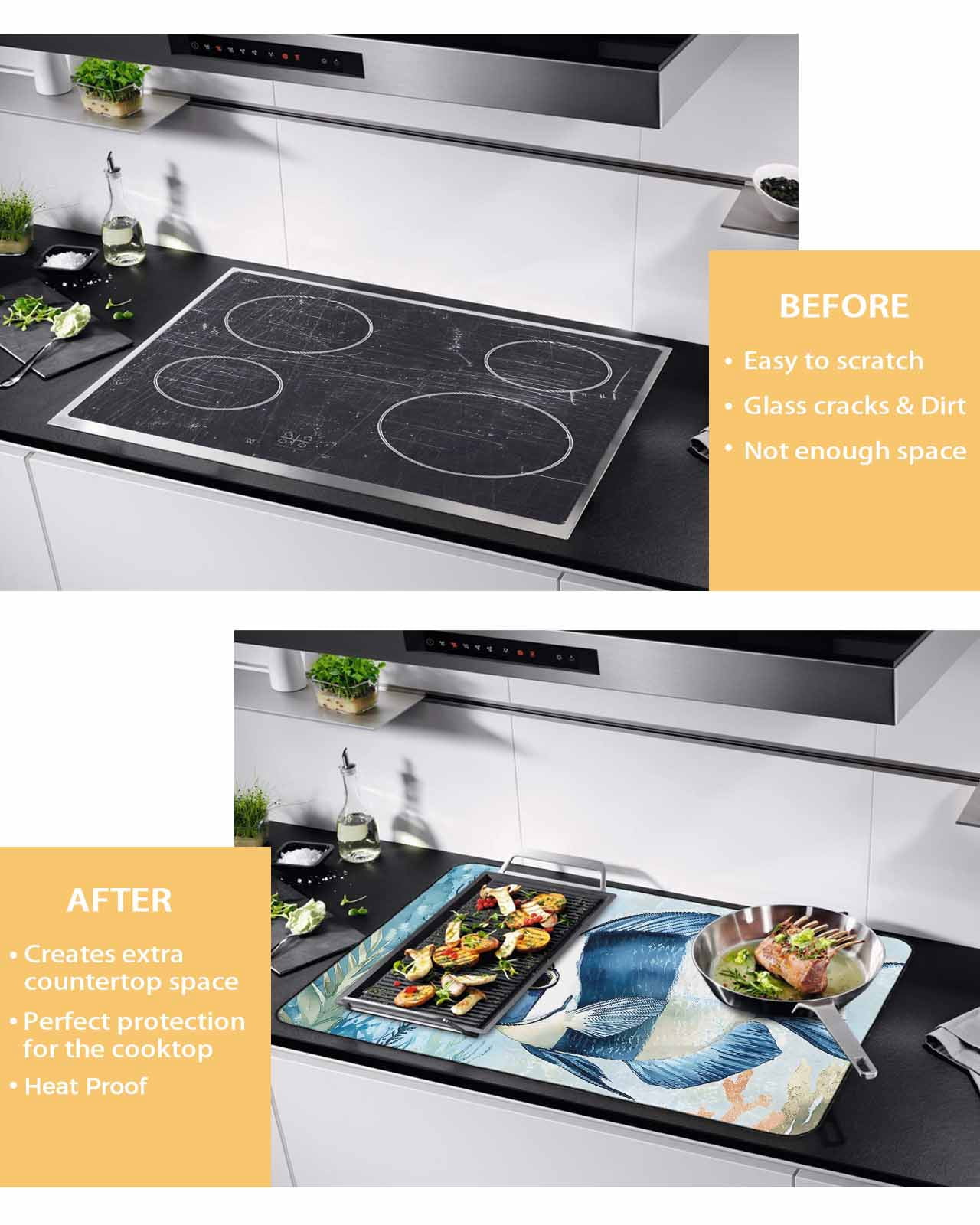 nqOlkjepod Large Induction Cooktop Protector Mat 36"x21", Coastal Ocean Fish Stove Top Covers for Electric Stove, Summer Watercolor Coral Decorative Stove Burner Cover Mats, Glass Top Stove Cover