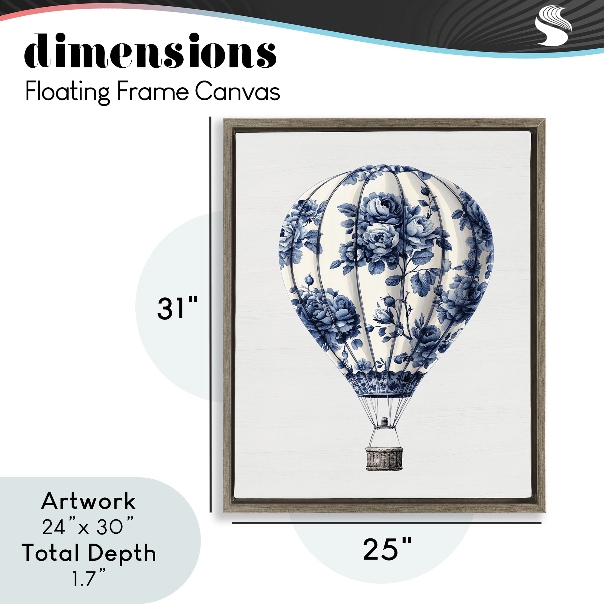 Vintage Toile Hot Air Balloon Brown Framed Floater Canvas Wall Art, design by Lettered and Lined