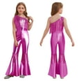 thumbnail image 5 of inlzdz Kids Girls Disco Outfit Off Shoulder Metallic Flare Jumpsuit Sequin Fringe Formal Dance Romper Hot Pink 14, 5 of 5