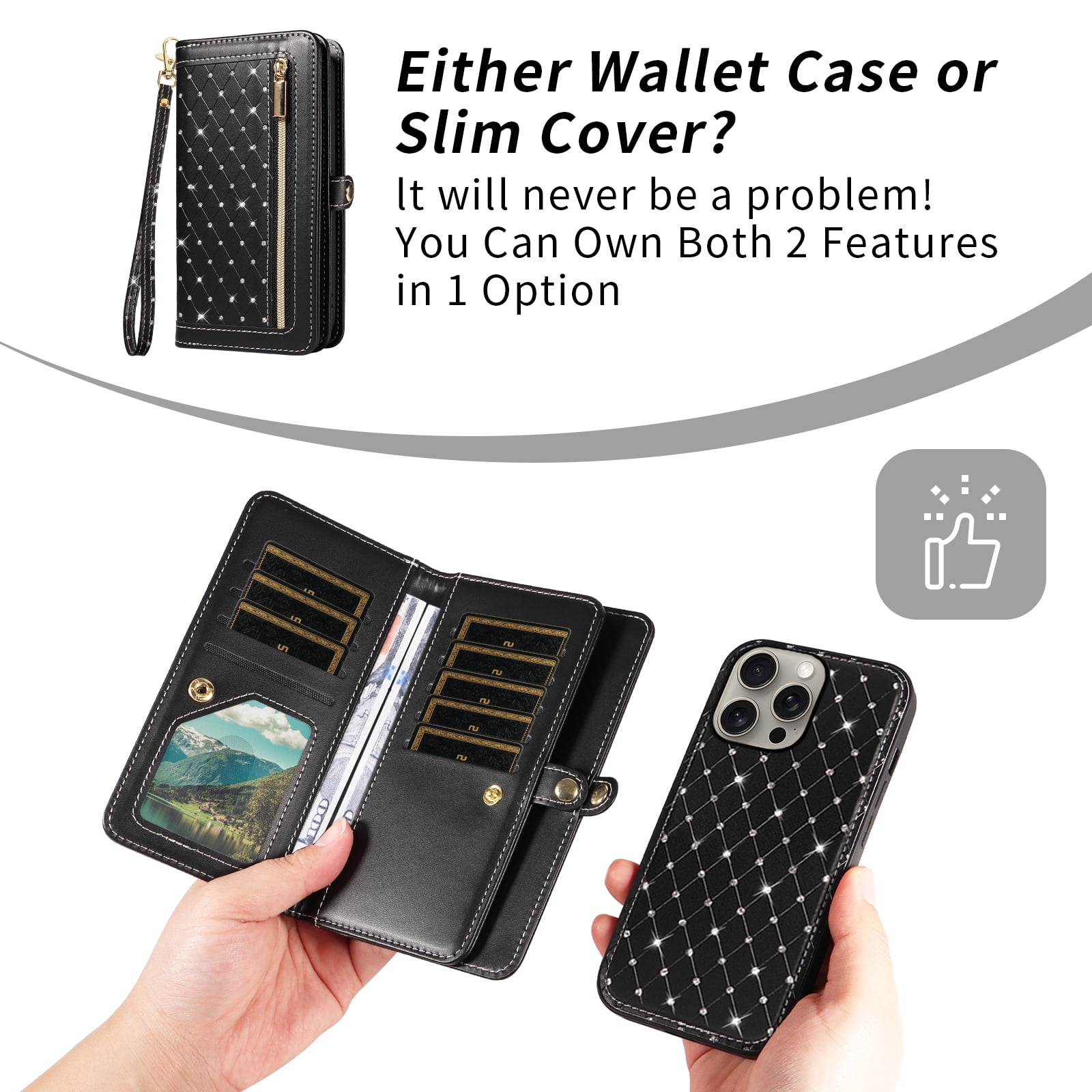 Asuwish Phone Case for iPhone 15 Pro 6.1 inch Zipper Wallet Detachable Cell Cover with Tempered Glass Screen Protector Crossbody Lanyard Strap Bling Glitter Flip Card Holder Slot i15Pro Women Black