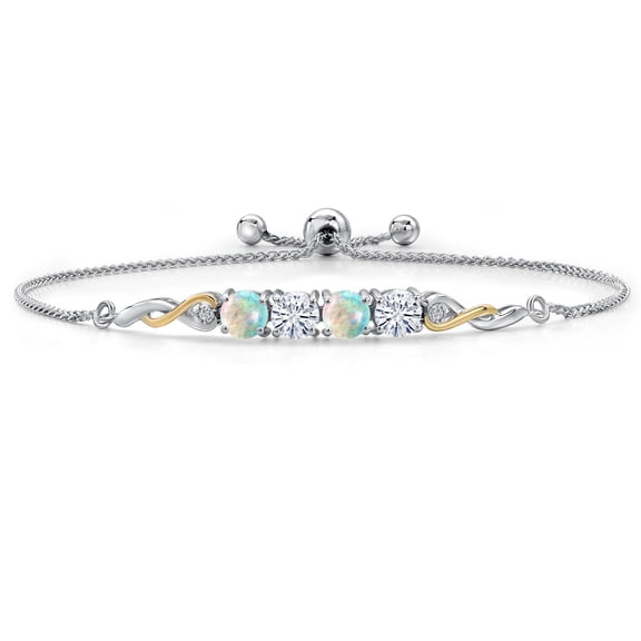 925 Silver and 10K Yellow Gold Simulated White Opal, Moissanite and Lab Grown Diamond Bracelet for Women | 2.02 Cttw | Gemstone October Birthstone | Round Cabochon 5MM | Fully Adjustable 9"