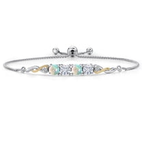 925 Silver and 10K Yellow Gold Simulated White Opal, Moissanite and Lab Grown Diamond Bracelet for Women | 2.02 Cttw | Gemstone October Birthstone | Round Cabochon 5MM | Fully Adjustable 9"