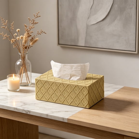 Khaki Embossed Diamond Rectangular Tissue Box Cover, Medium Size Decorative Desktop Napkin Holder, Resin Facial Tissue Storage Case for Kitchen Bathroom Bedroom Table Home Decor