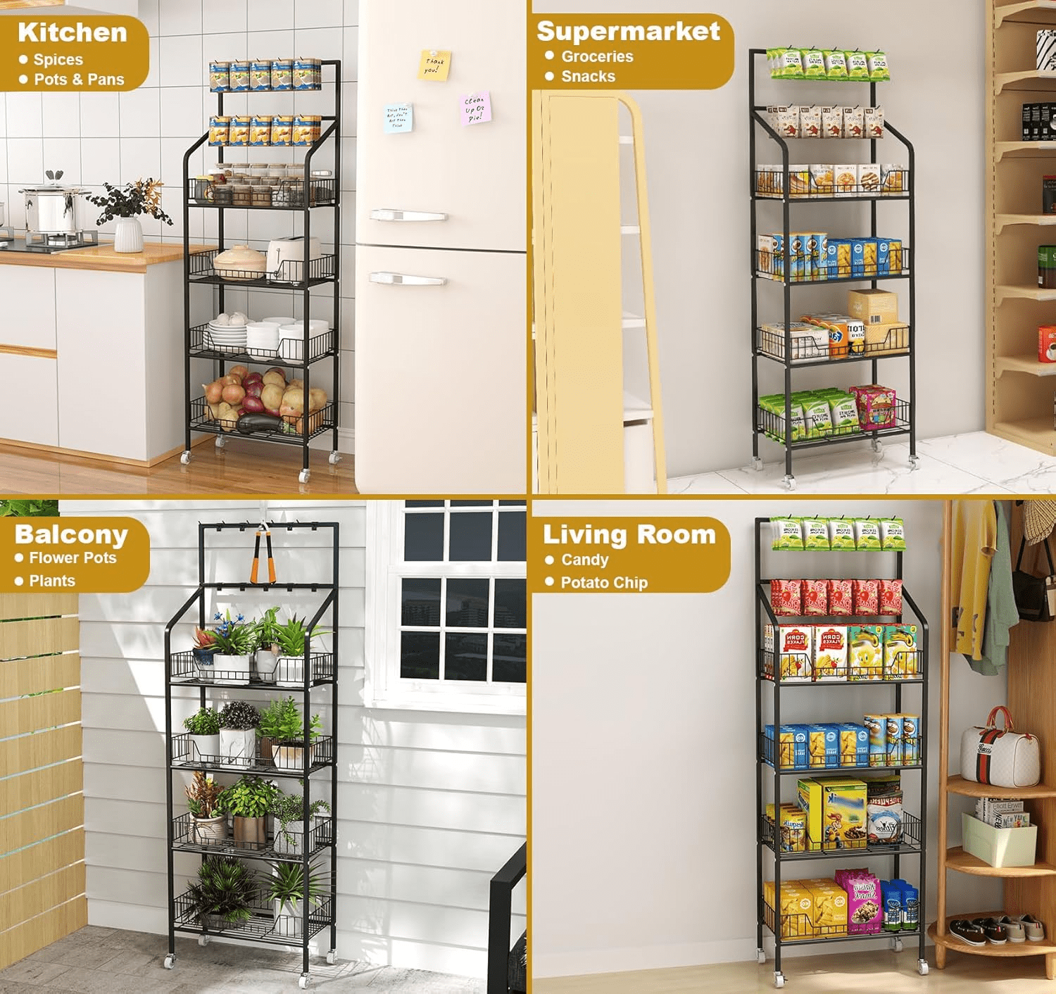 IAJXWI Heavy-duty 4 Tier Retail Display Rack, Metal 56.3" Height Storage Shelf, Candy Snack Rolling Display Shelves with 10 hooks