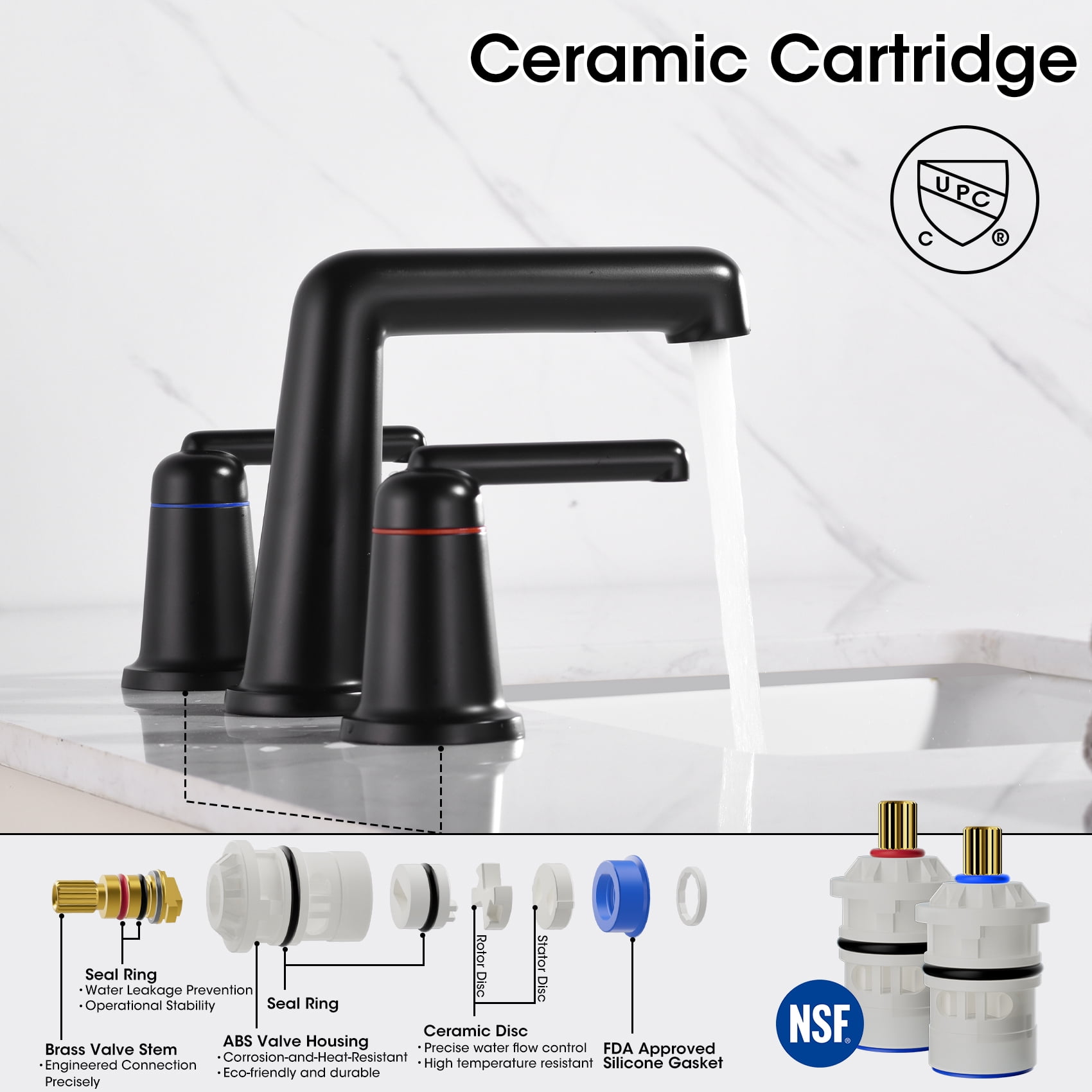 ARTIQUA Bathroom Sink Faucets, Matte Black Bathroom Faucets for Sink 3 Hole Widespread, 8 inch ‎Bathroom Sink Faucet Brass with Pop-up Drain 2 Lever Handle for Vanity Rv Lavatory Washbasin
