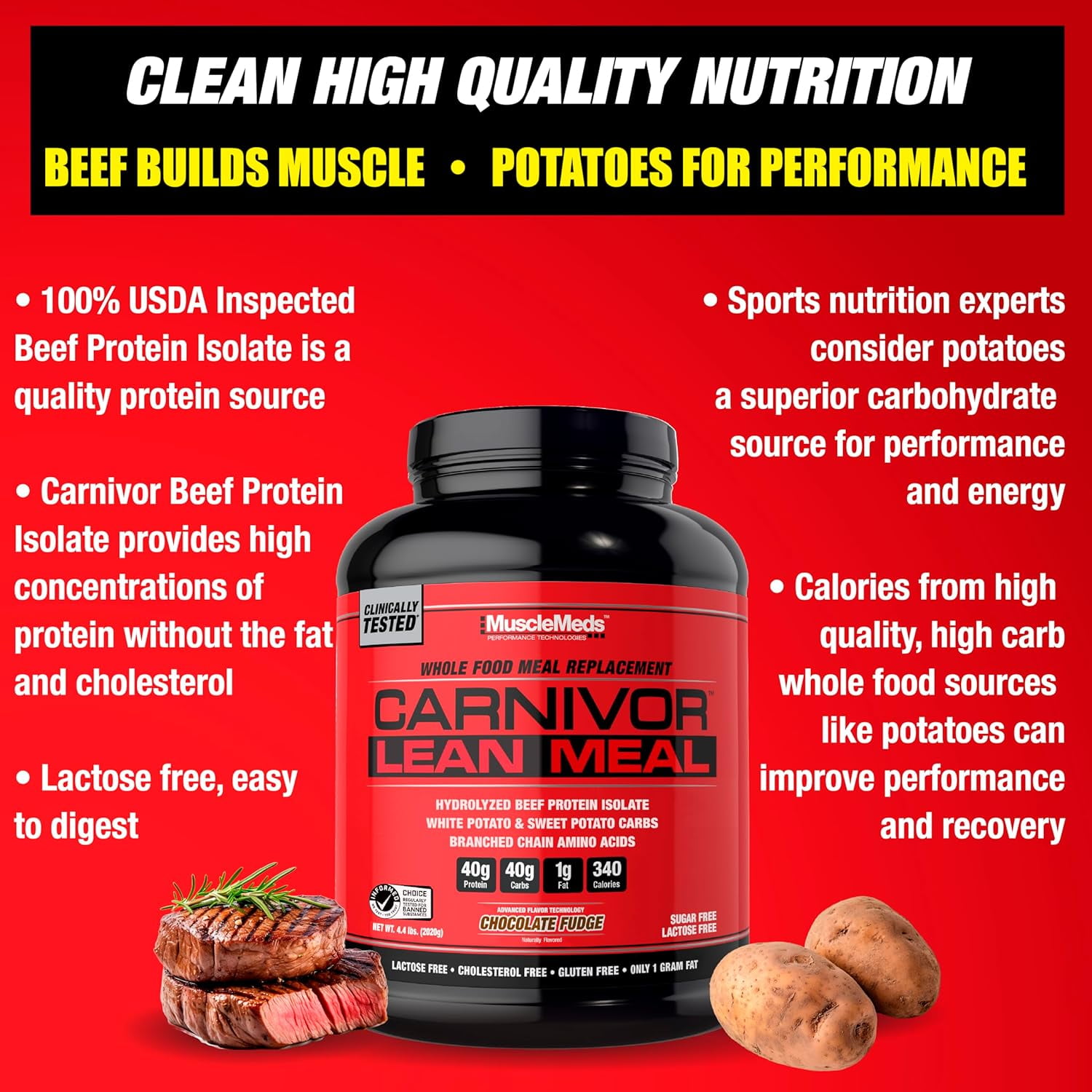 MuscleMeds Carnivor Lean Meal Whole Food Meal Replacement Shake – 40g Beef Protein Isolate & Carbs – Sugar-Free, Lactose-Free – Chocolate Fudge, 4.4 lbs