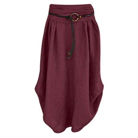 

asdoklhq Maternity Dress Women s Fashion Casual Solid Loose Sashes Mid-Calf Cotton Linen Skirt
