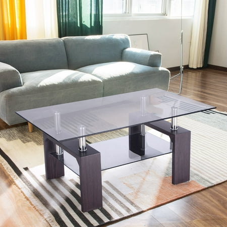 costway rectangular glass coffee table wood w/ shelf living room costway rectangular glass coffee table wood w/ shelf living room