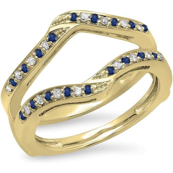 beryl_creation 1.89Ct Round Cut Blue Sapphire & White Diamond Wrap Enhancer Engagement Wedding Ring 14k Yellow Gold Finish For Women's & Girls 925 Sterling Silver - 7.5