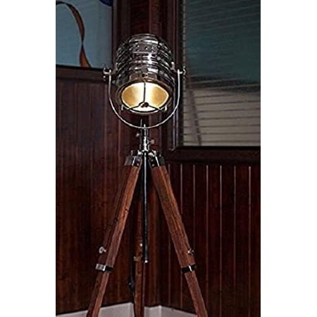 Designer Classic Chrome Nautical Tripod Floor Lamp, Abrasive Teak ...