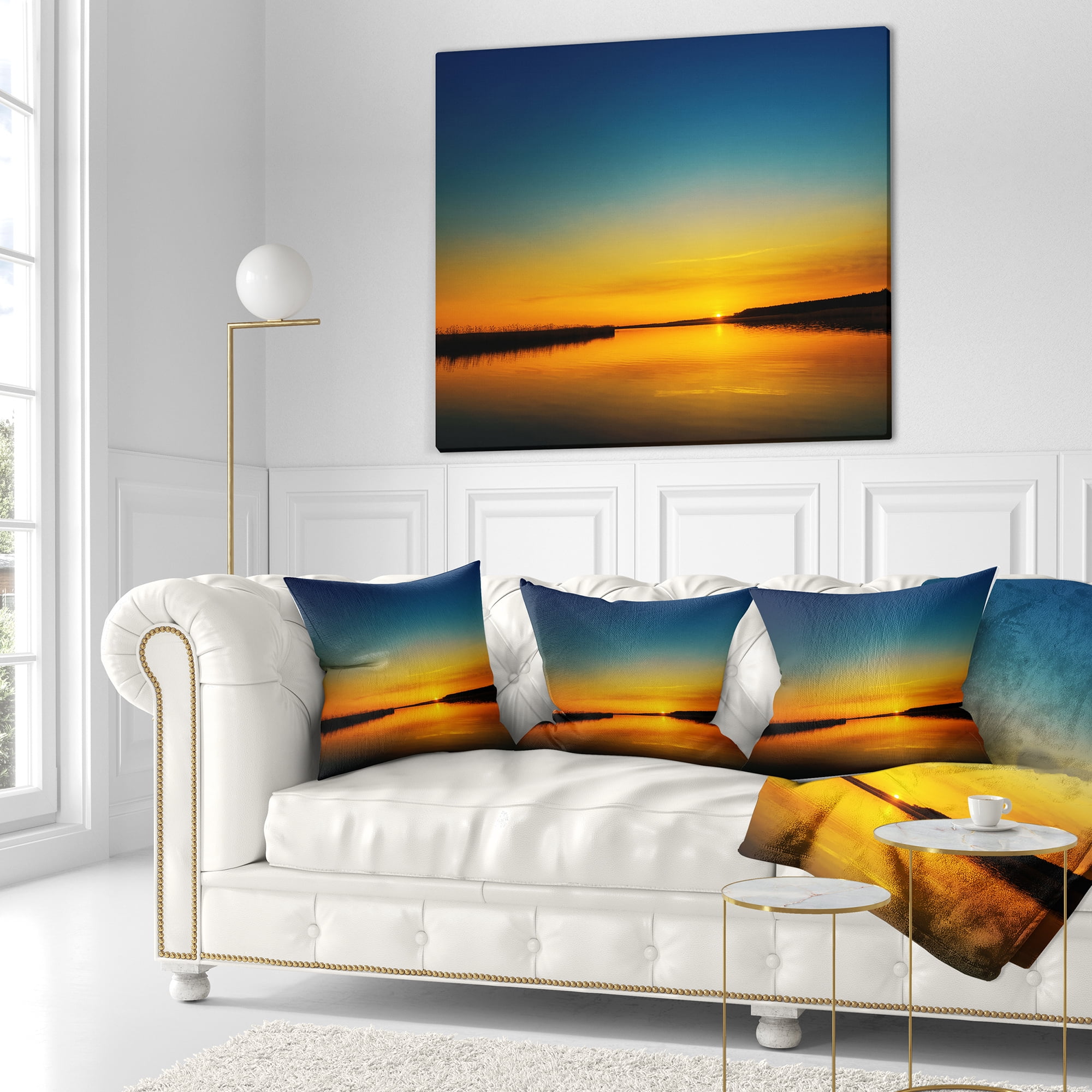 Designart Orange Sunset Over River - Skyline Photography Throw Pillow - 18x18