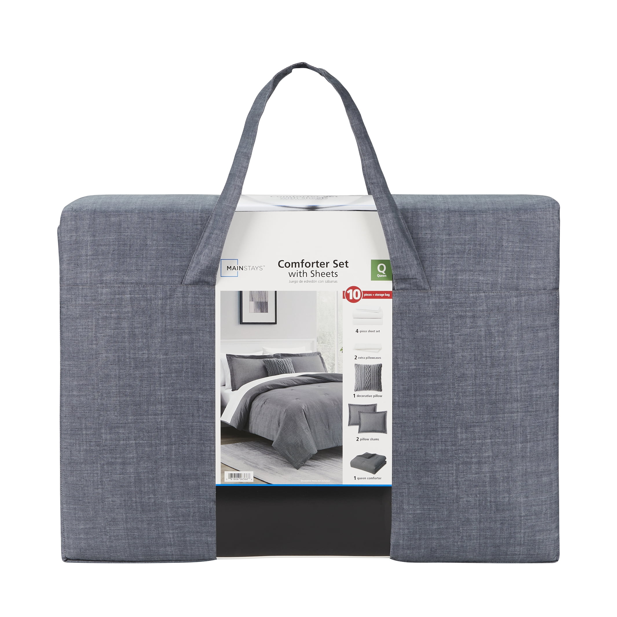 Mainstays 10 Piece Light Grey Bed in a Bag Comforter Set with Sheets, Queen