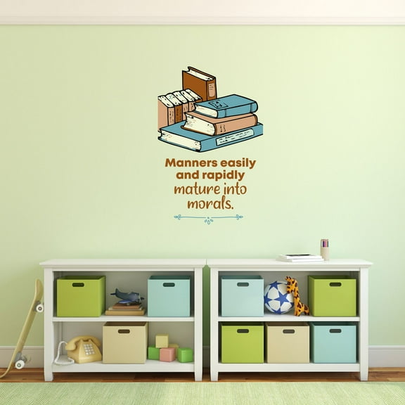 Kids Study Room Home Art Inspirational Quotes Sticker Multicolored Books Vinyl Wall Decal - Manners Easily And Rapidly Mature Into Morals - 18" x 20" Classroom Daycare Adhesive Wall Art Decoration