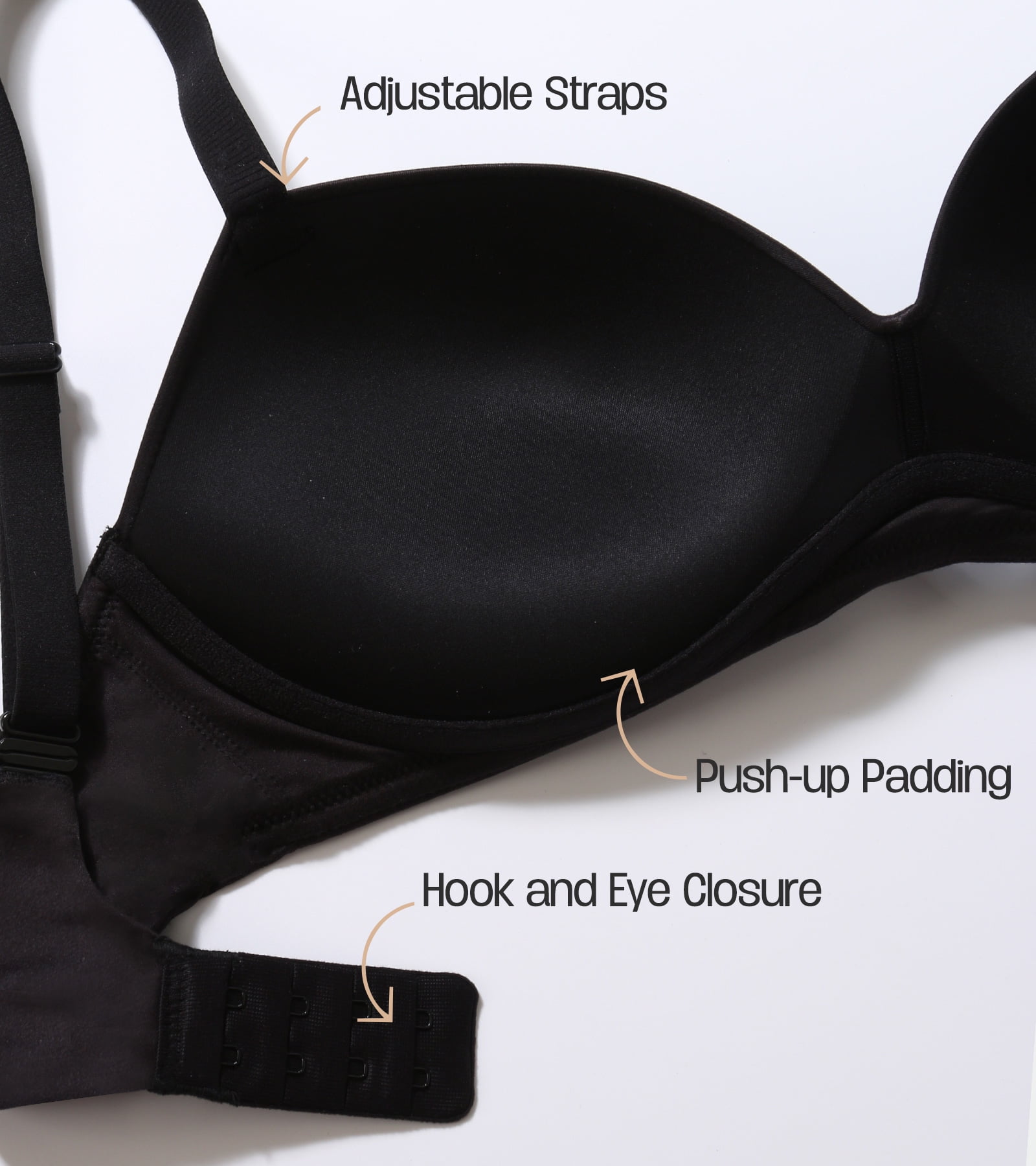 Exerin Women's Push Up Bra Wireless Comfortable Padded Plunge T-Shirt Bras(Black,36B)