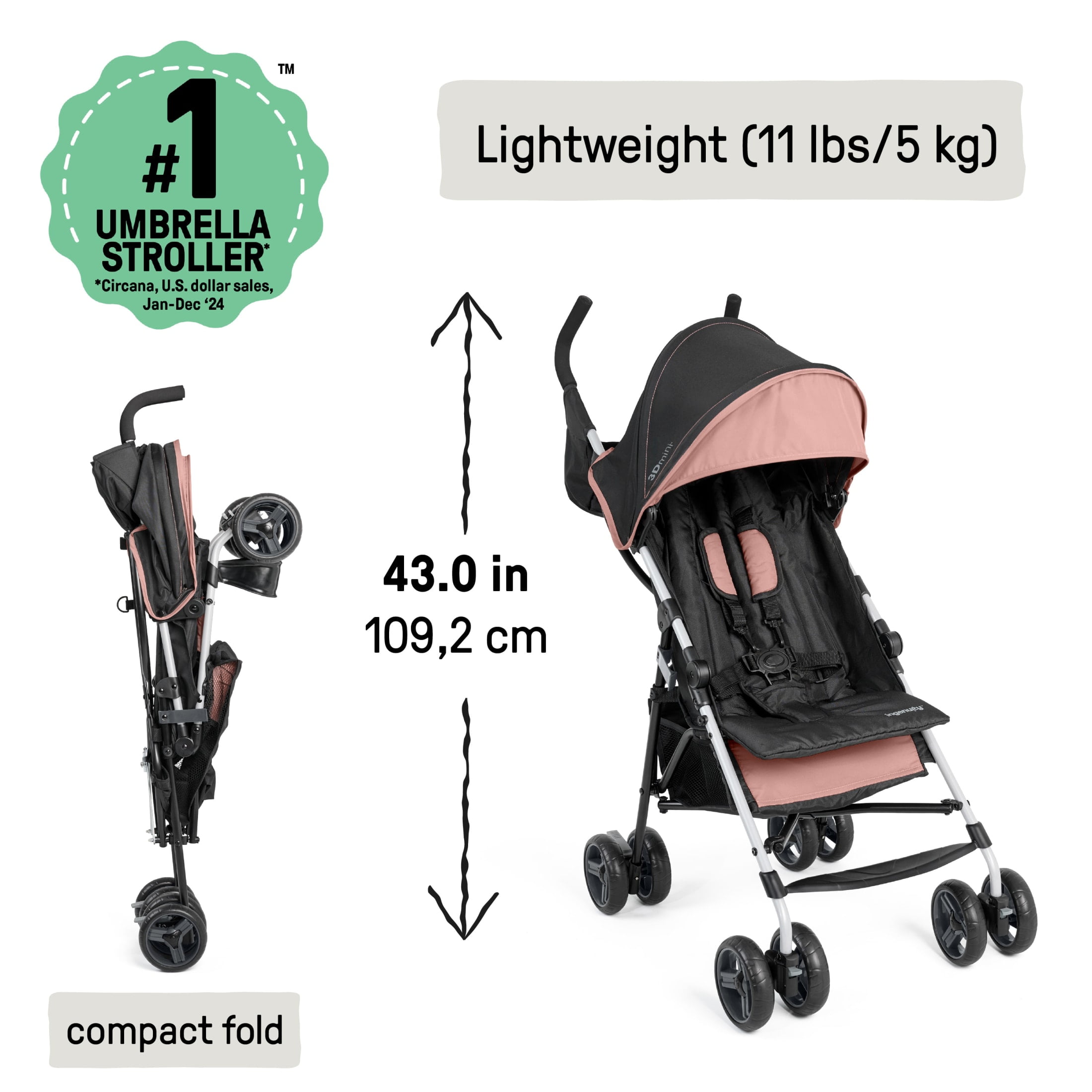 Ingenuity 3D Mini Convenience Stroller, Dusty Rose Pink, Toddler