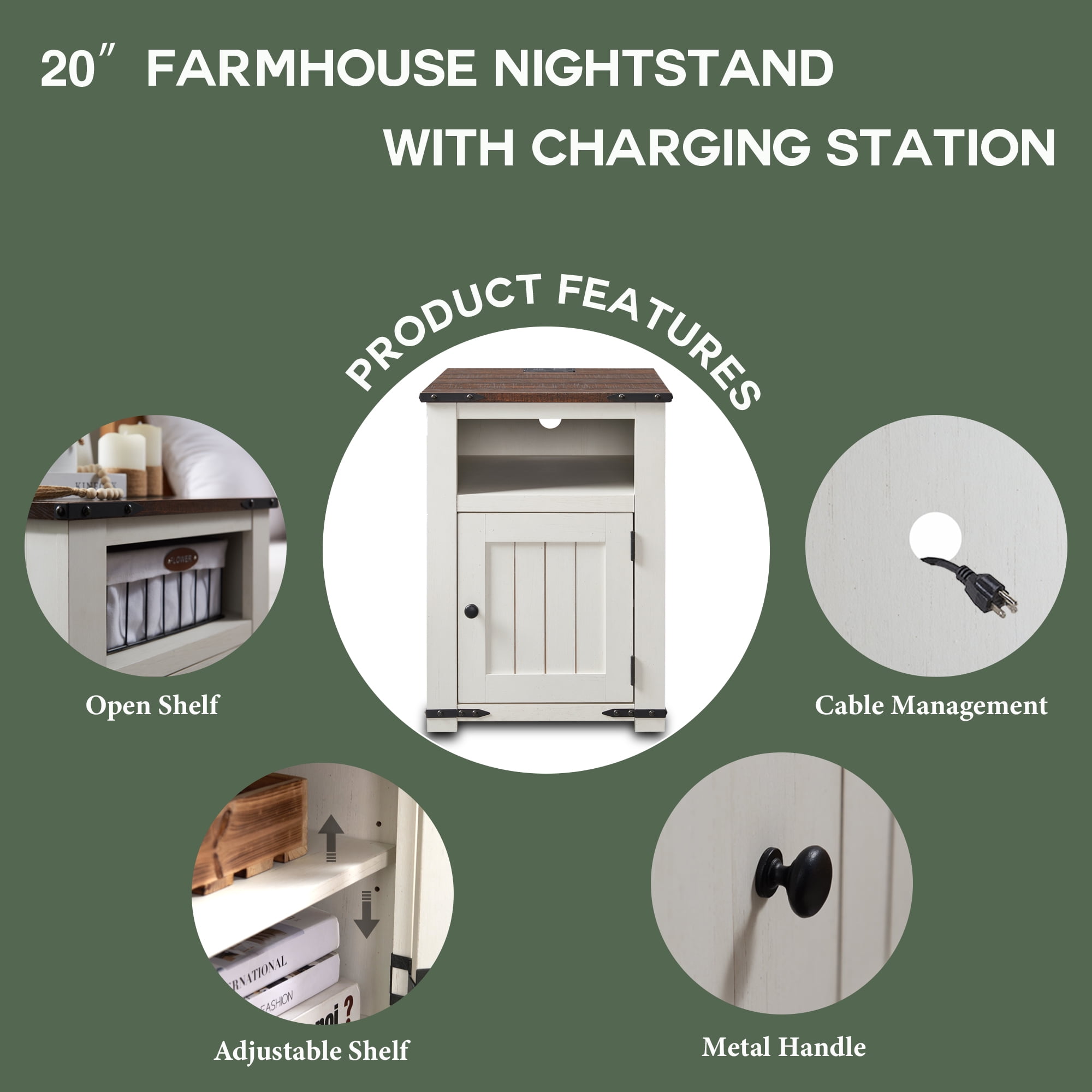 SinCiDo 20" Farmhouse End Table w/Barn Door, Wood Bedside Table, Nightstand with Charging Station