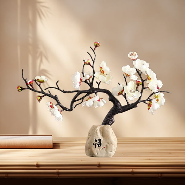 Adorno de resina para escritorio, artesanía china de Wintersweet, escultura decorativa en rojo, rosa y blanco | Elegante decoración para sala de estar, estudio, vitrina, dormitorio, etc.