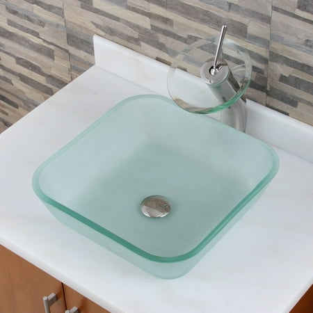 - Elite Frosted Square Tempered Glass Bathroom Vessel Sink and Waterfall Faucet Combo Bronze Finish