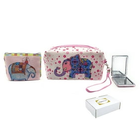 Empire Cove Womens 3 Piece Gift Set Elephant Cosmetic Bag Makeup Coin Pouch Mirror