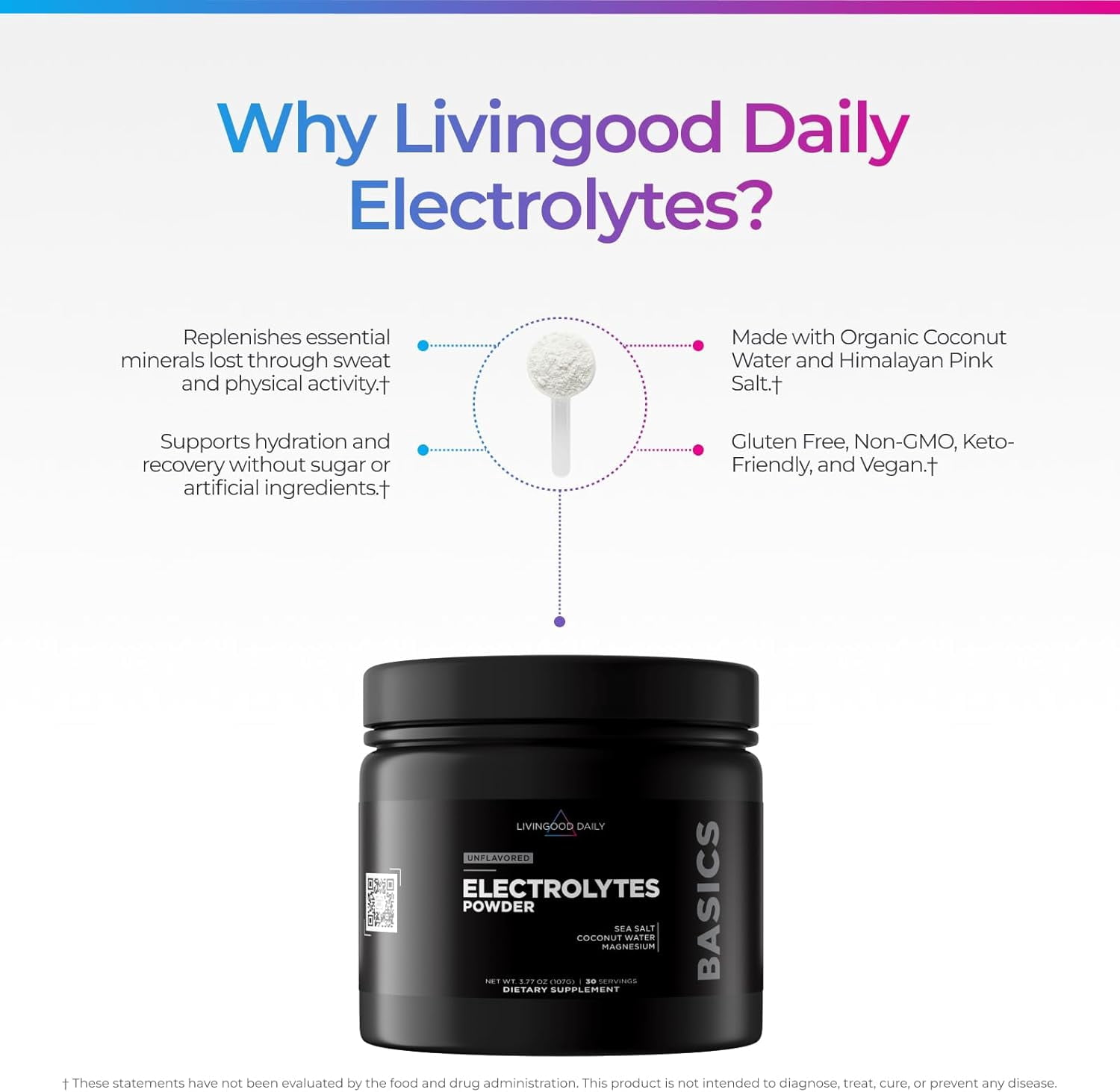 Livingood Daily Electrolytes Powder, Electrolytes Hydration Powder with Magensium, Potassium, Sea Salt and Coconut Water Sugar Free Electrolyte Drink Mix, Keto, Gluten Free, Unflavored, 30 Servings