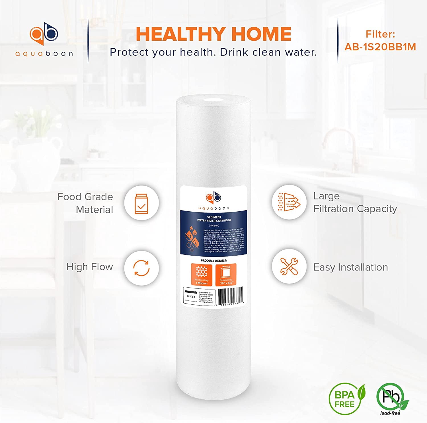 Aquaboon 6-Pack of 1 Micron 20" Sediment Water Filter Replacement Cartridge | Whole House Sediment Filtration | Compatible with AP810-2, SDC-45-2005, FPMB-BB5-20, P5-20BB, FP25B, 155358-43