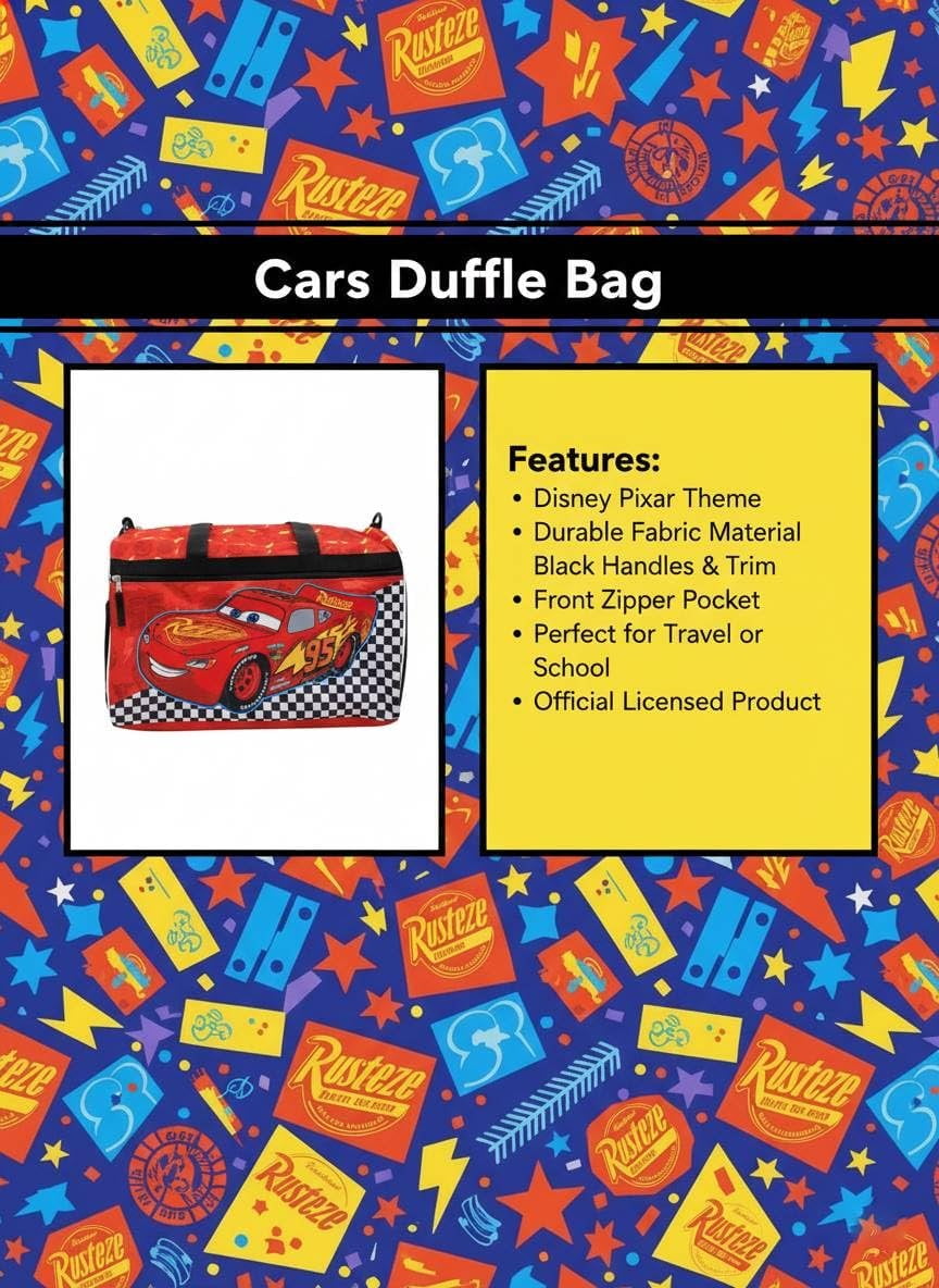 Disney Pixar Cars Kids Duffle Bag  Lightning McQueen Travel Gym Bag with Adjustable Strap, Mesh Side Pockets & Zipper Pocket