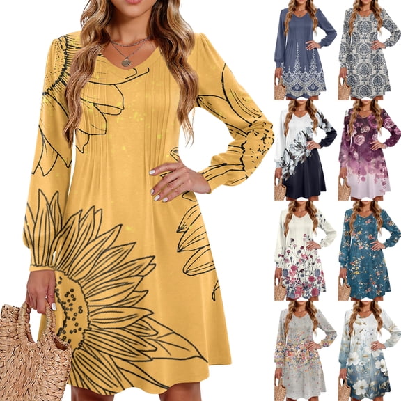 Ladies' Printed Casual Fashion V-Neck Long Sleeve Mid Length Dress with Floral Style for Spring and Autumn Gatherings,Black,L