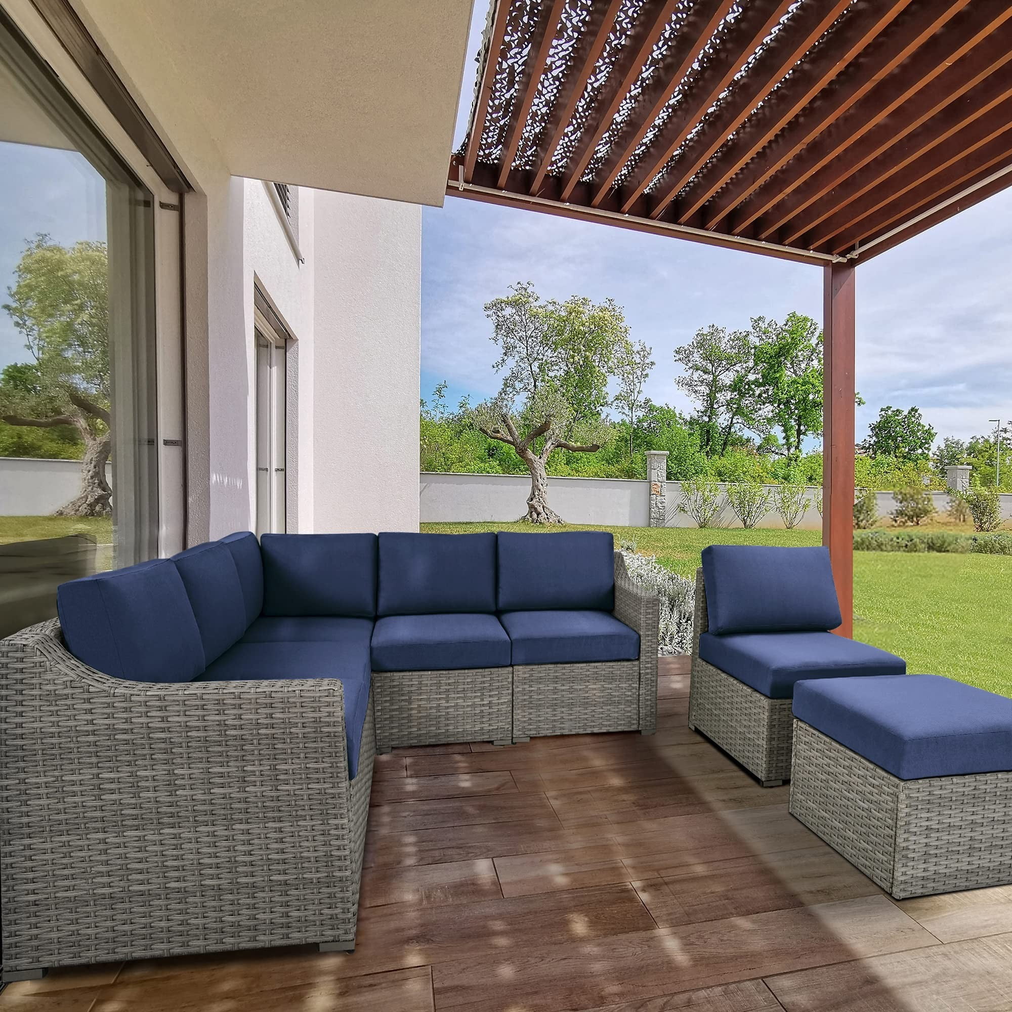 7 Piece Patio Conversation Set, Outdoor Rattan Wicker Sectional Sofa, All-Weather Modular Patio Furniture Set with Cushions for Backyard, Balcony, Porch (Grey/Blue)