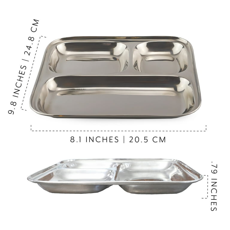 Darware Stainless Steel Divided Plates/Compartment Trays (4-Pack); 9.8 x 8.1 Inches Oblong 3-Section Mini Trays, Great Size for Kids, Portion