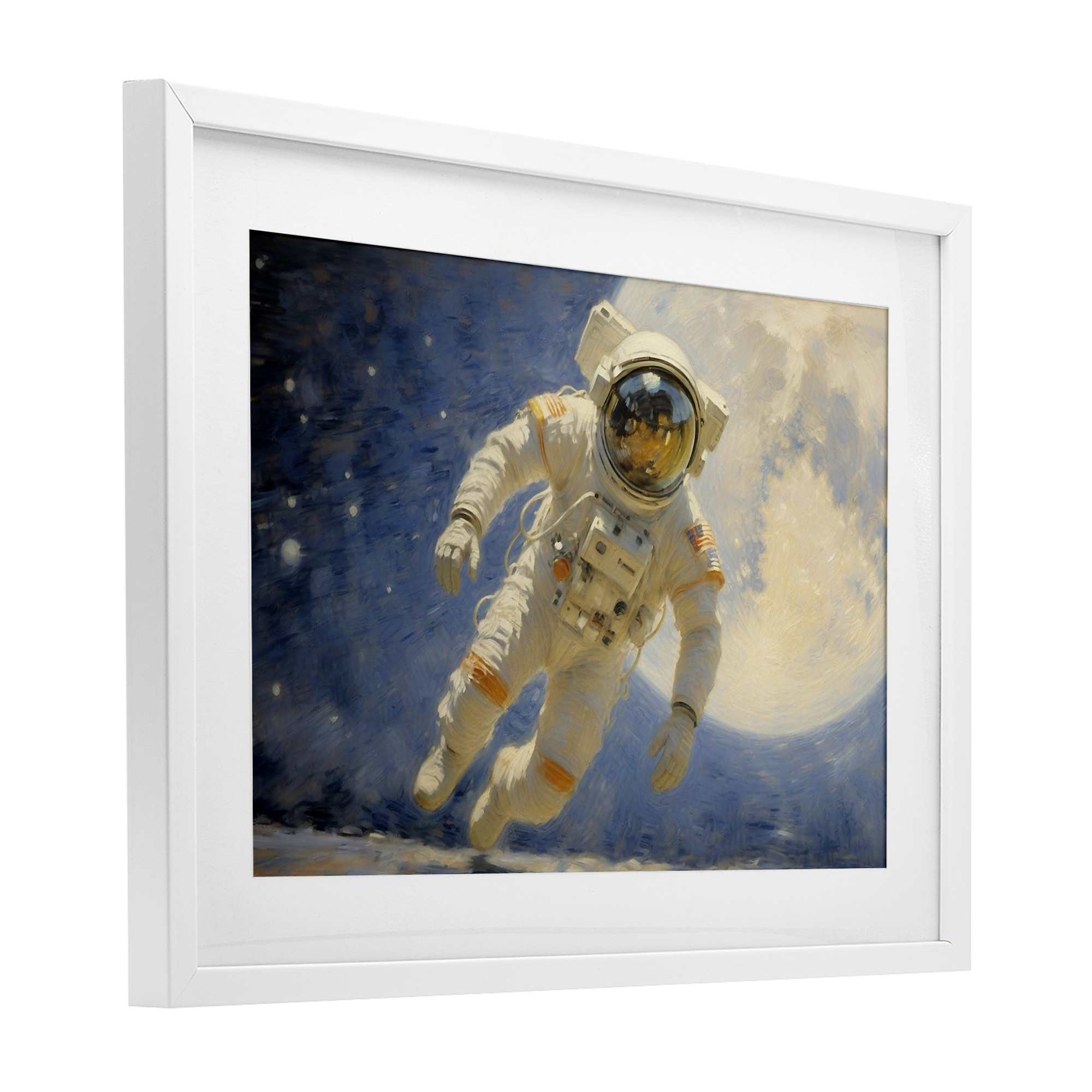 Astronaut in Vast Galaxy White Framed Print Under Glass, design by Angie Hawke