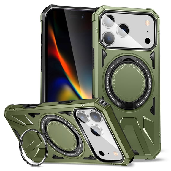 Armor Stand Case for iPhone 17,[Compatible with MagSafe] Military Shockproof Rugged Phone Case,Magnetic with Car Mount,Built in 360° Rotatable Ring Kickstand,Darkgreen