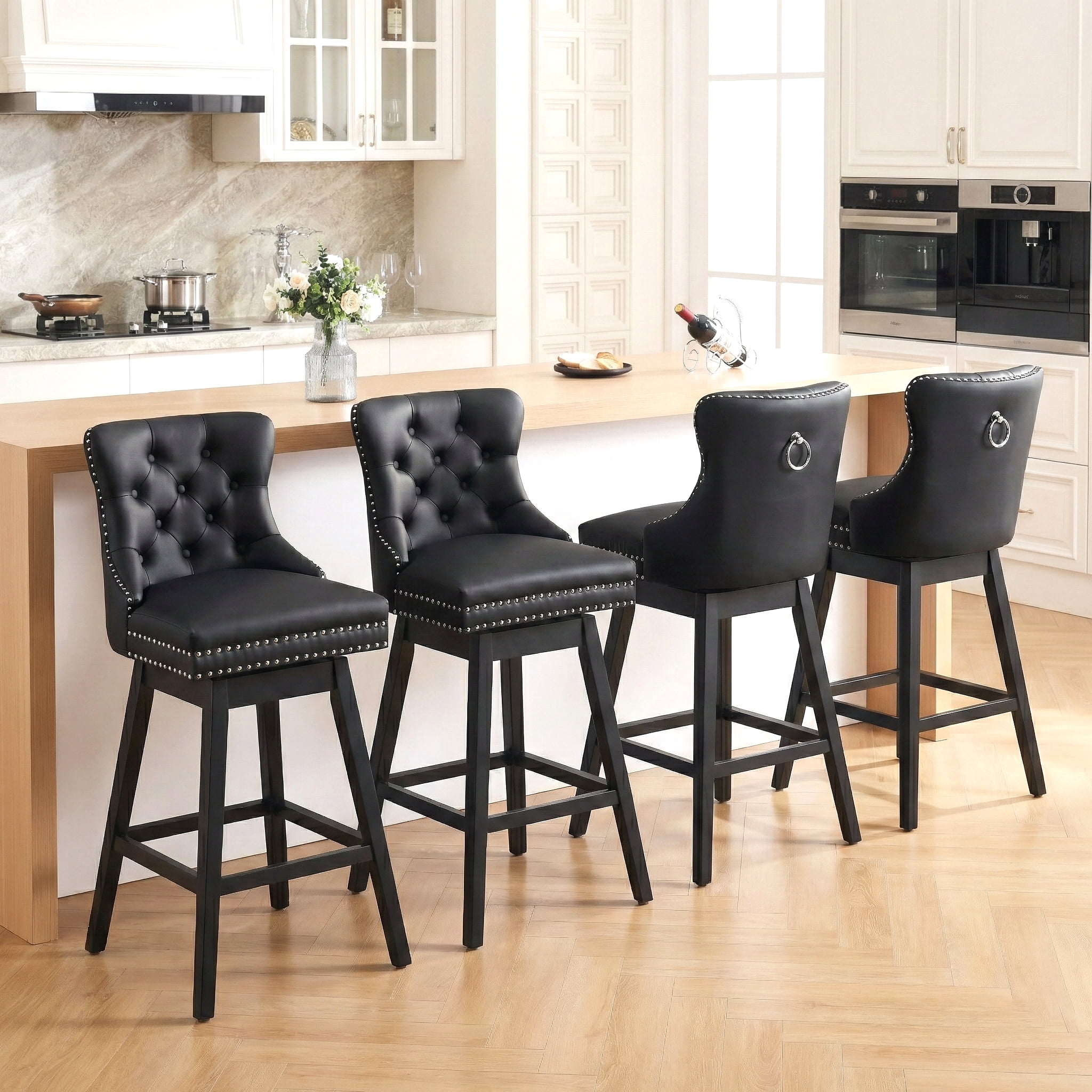 TEWLOSS Swivel Bar Stools Set of 4, 30" Bar Height Faux Leather Chairs with Back for Home Bar, Black