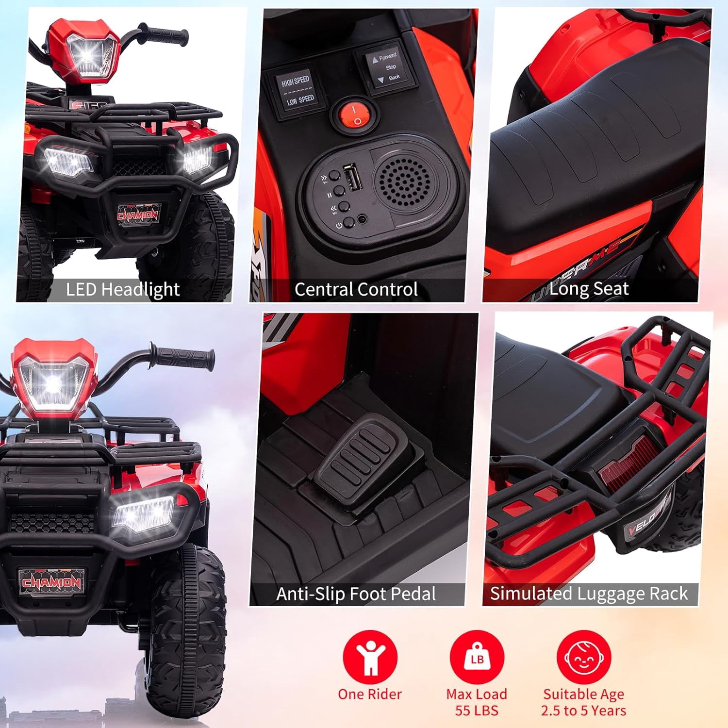 Acekid 12V Ride on ATV High/Low Variable Speed Ride on Electric Vehicle with LED Light Music USB 1.5-2.2mph Safety Speed Red